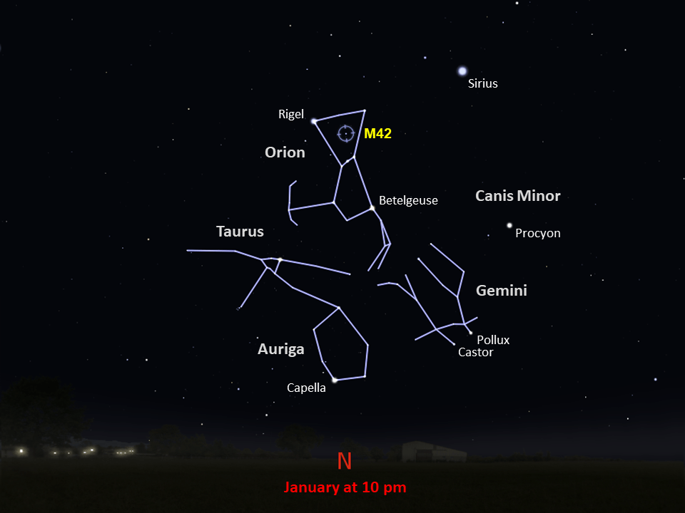 This Southern Hemisphere star chart shows the location of Messier 42 in the northern part of night sky at 10pm in January.