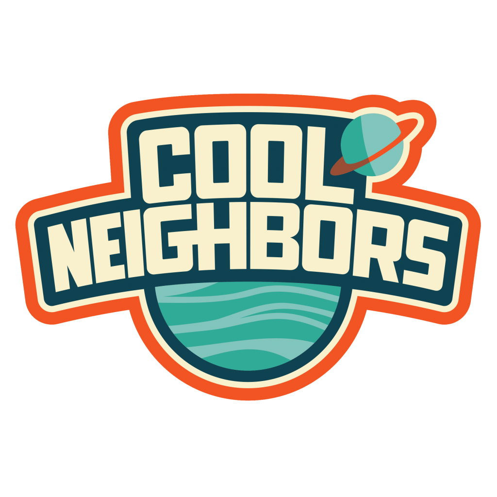 Puffy text in cream reads Cool Neighbors and sits on top of a cartoon style planet with another planet in the upper right corner. The logo is surrounded by a thick orange stroke line.