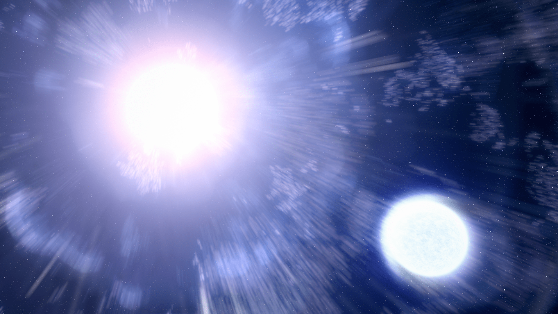 Artwork: Bright, blue-white supernova star at upper left fills most of the scene. Irradiated white planet at lower right