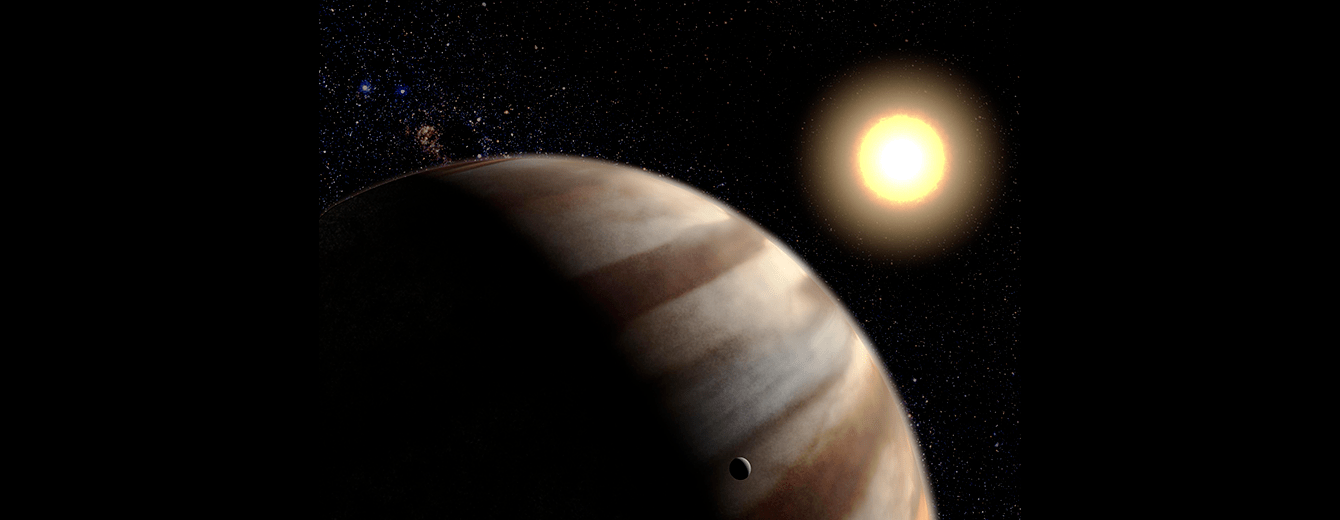 A exoplanet and its yellow-white star. The planet is bottom-center of the image. It is striped with light and dark clouds. The star is above and to the right of the planet.